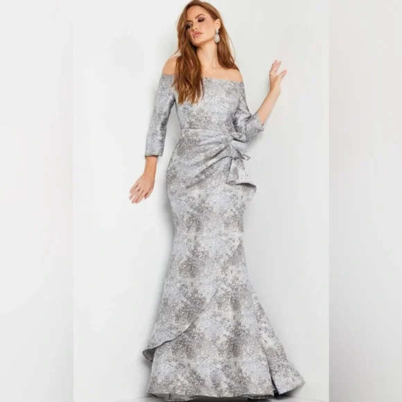 Jovani | Dresses | Jovani Silver Off Shoulder Long Dress Mermaid Three  Quarter Sleeve | Poshmark